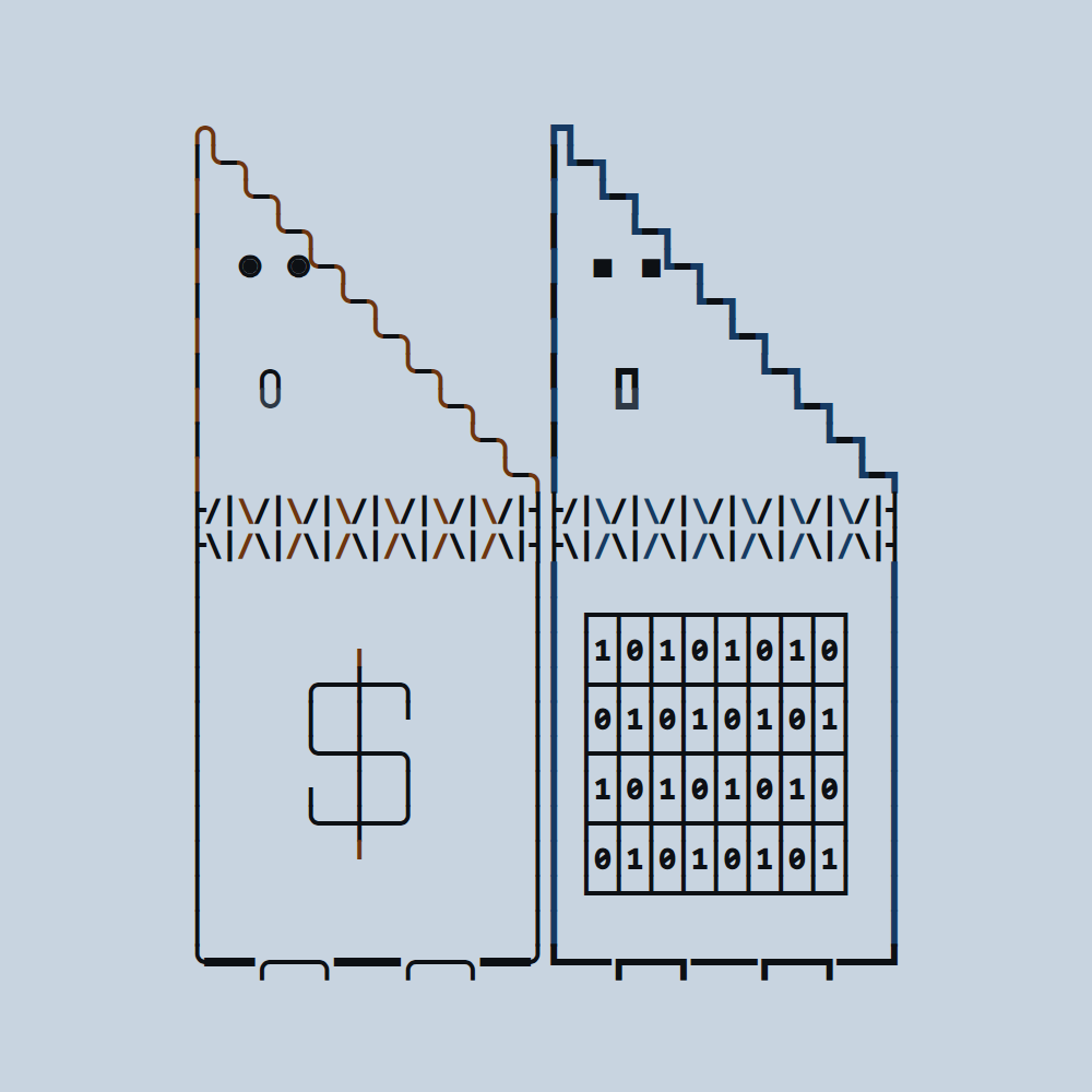 The world wide web logo: two figures drawn in type. On the left a coin, outlined in rust with round eyes and a dollar sign; on the right its mind, outlined in blue with square eyes and a grid of binary digits.